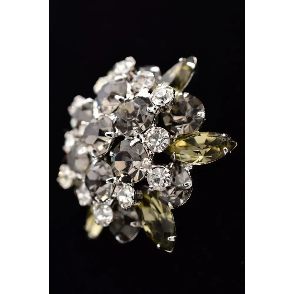 Vintage Smoky Gray Rhinestone Brooch Silver Crystal Cluster Flower Pin 60s BinBI